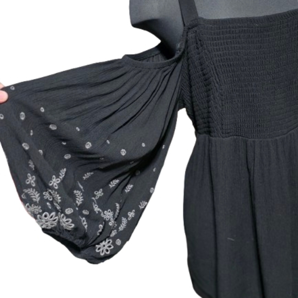 Black Gauze Embroidered Cold Shoulder Top | Smocked Boho Blouse Size 2 image 6